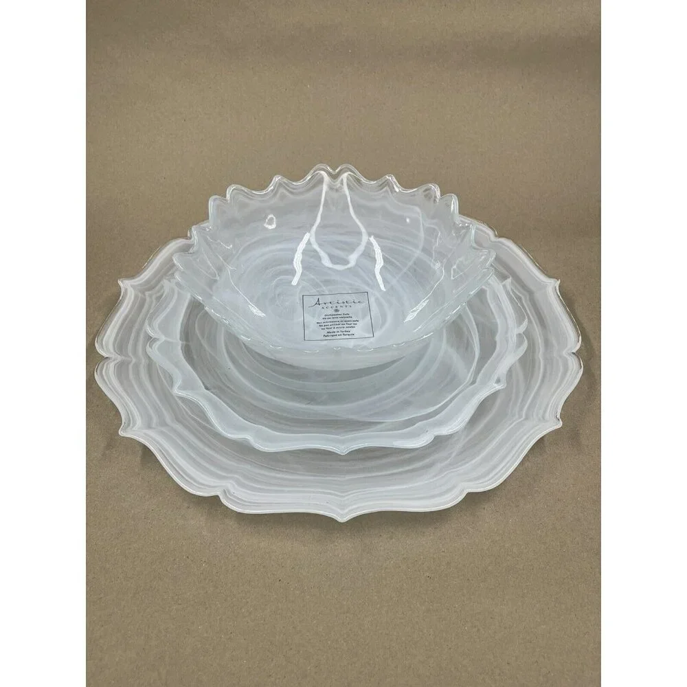 Artistic Accents Turkish Glass 4 Plates Set Entrée Dinner White Swirl 11